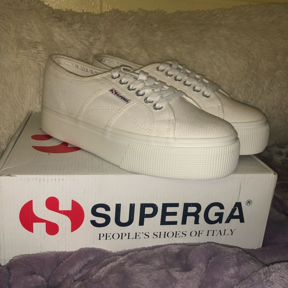 All white superga platform sneakers